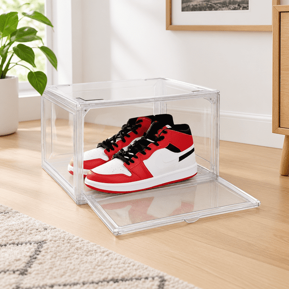 Clear Plastic Stackable Shoe Storage Box with Magnetic Drop Door, Fits Size 14