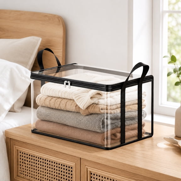Clear Plastic Storage Bin, 13X10X10 Inch Transparent Storage Container, Zippered Closure Portable Storage Box, Multi-Purpose Household Organization Crate, with Reinforced Carry