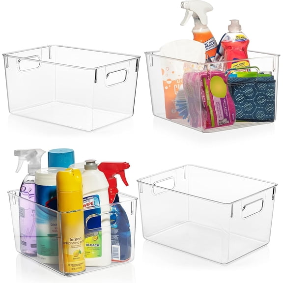 Clear Plastic Storage Bins (4 Pack) 11" x 8" x 6", Stackable Pantry & Cabinet Organizers for Kitchen, Laundry, Office, Closet, Garage, Freezer