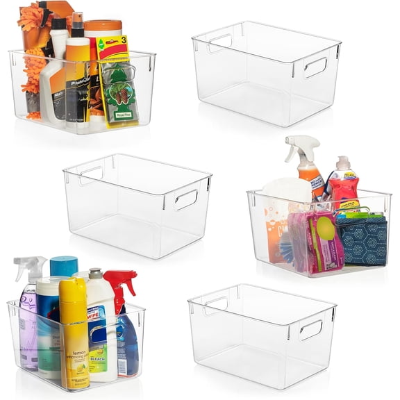 Clear Plastic Storage Bins 6 Pack, 11" x 8" x 6", Stackable Pantry & Cabinet Organizers
