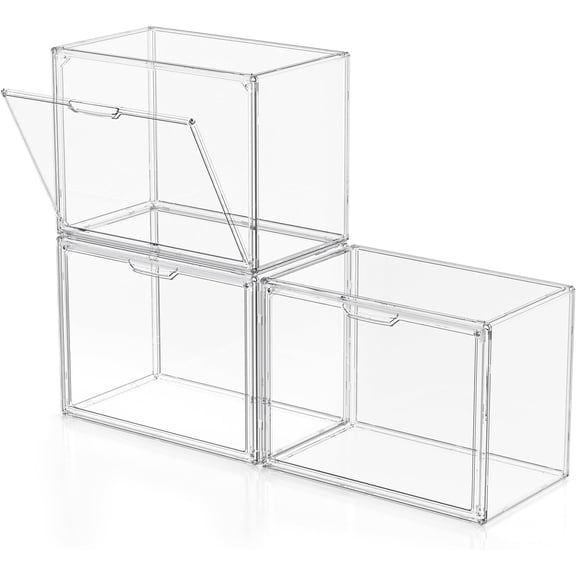 Clear Plastic Storage Bins - Acrylic Display Case with Magnetic Door, Purse Organizer for Closet: Stackable Display Box for Collectibles, Book, Cosmetic, Figures Showcase(3 Pack)