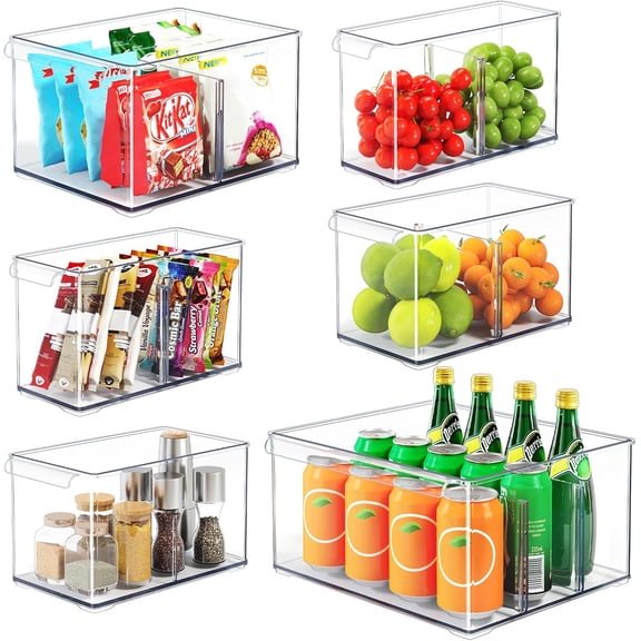 Clear Plastic Storage Bins with Dividers for Fridge Pantry Organizers and Storage Containers, Acrylic Stackable Sturdy Storage Boxes for Home Edit and Cabinet Organizers