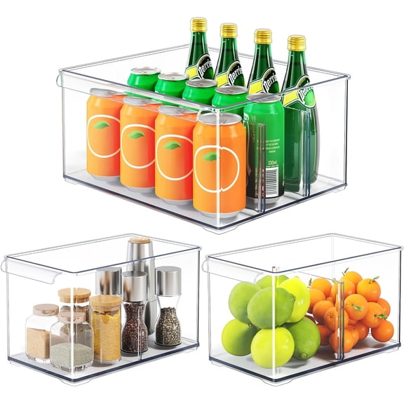 Clear Plastic Storage Bins with Dividers for Fridge Pantry Organizers and Storage Containers, Acrylic Stackable Sturdy Storage Boxes for Home Edit and Cabinet Organizers