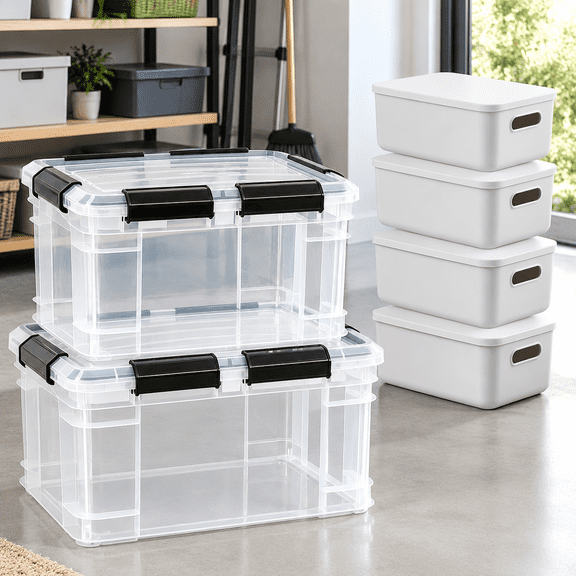 Clear Plastic Storage Bins with Lids, Set of 2 Nesting Sizes23QT,40QT - Stackable, Latching, Waterproof Organizer Boxes for Home, Office, Garage, Closet, and Bedroom - Durable, Heavy-Duty Containers
