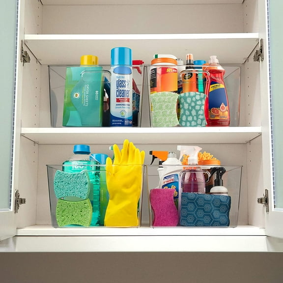 Clear Plastic Storage Bins  XL 4 Pack Perfect for Kitchen,Fridge, Pantry Organization, Cabinet Organizers