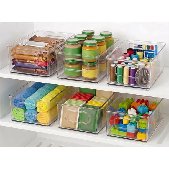 Pantry Organizers and Storage, Clear Plastic Storage Bins with Handles, Stackable Clear Organizer Bins for Pantry, Fridge Organizer Bins, Refrigerator Storage and Freezer Organizer Bins, Set of 6