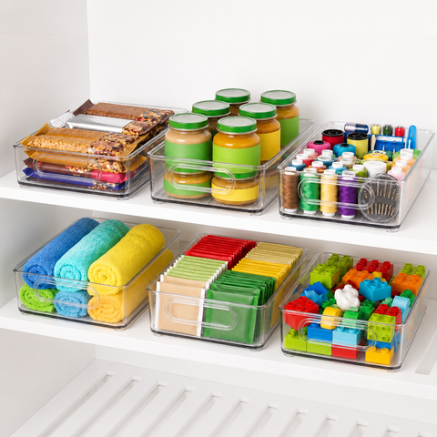Pantry Organizers and Storage, Clear Plastic Storage Bins with Handles, Stackable Clear Organizer Bins for Pantry, Fridge Organizer Bins, Refrigerator Storage and Freezer Organizer Bins, Set of 6