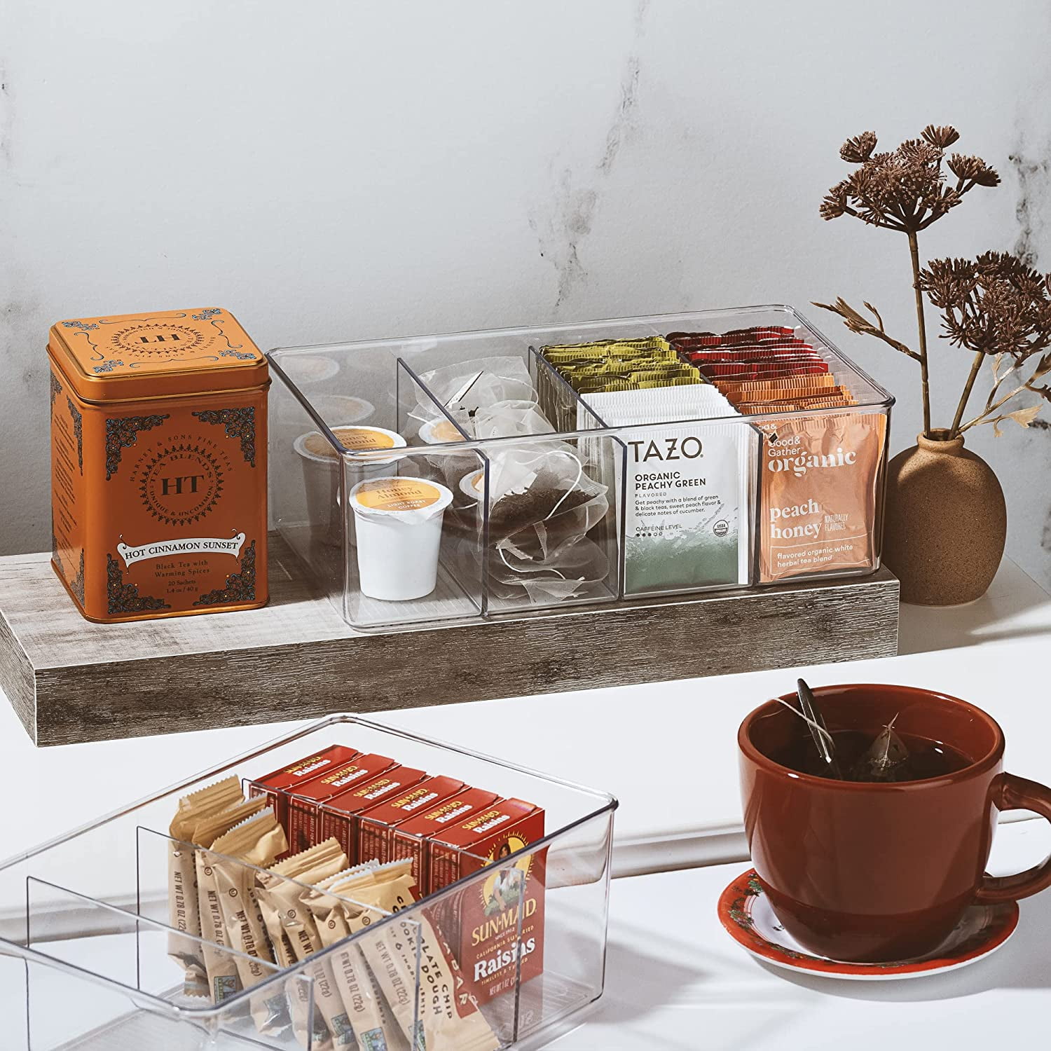Clear Plastic Storage Bins with Dividers - 4 Pack for Tea Bags, Spices ...