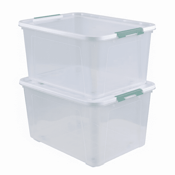 Clear Plastic Storage Bins with Latching Lids and Green Handles, Stackable Organization Containers for Clothes and Seasonal Items, 2 Pack