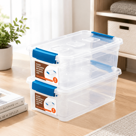 Clear Plastic Storage Bins with Lids, 6 Quart Stackable Organizer Totes