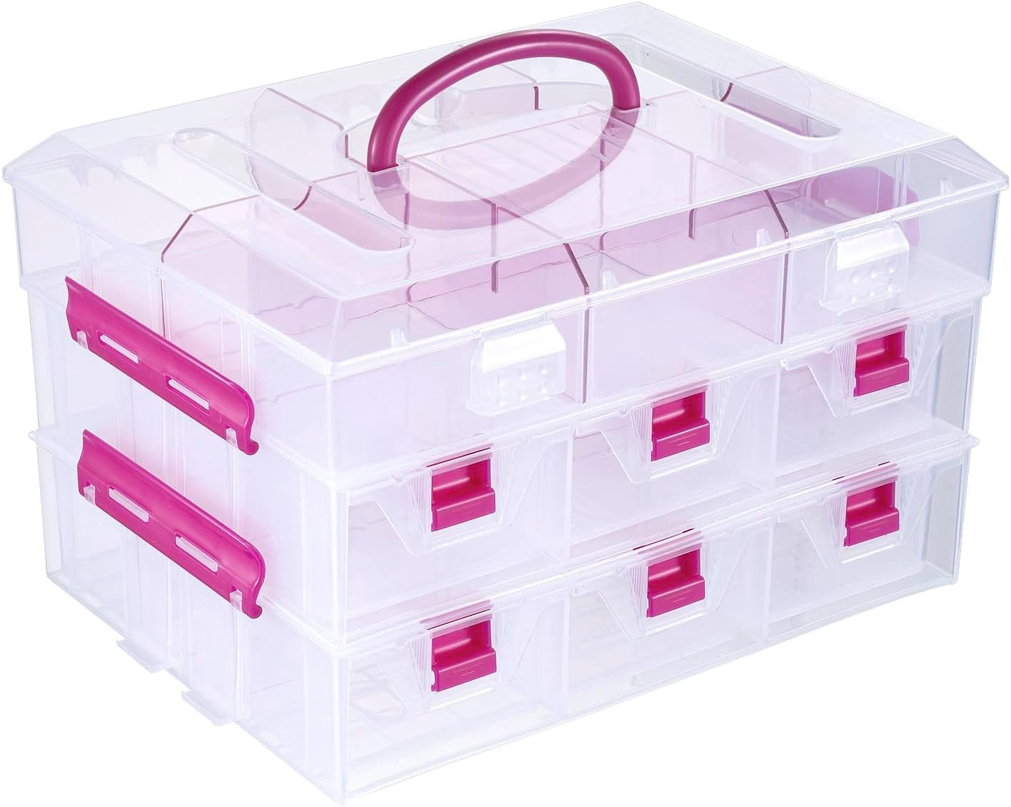 Clear Plastic Storage Box Container, Arts and Crafts Sewing Supplies Organizer Case with Black Accents, 24 Customizable Compartments, and 6 Drawers with Removable Dividers