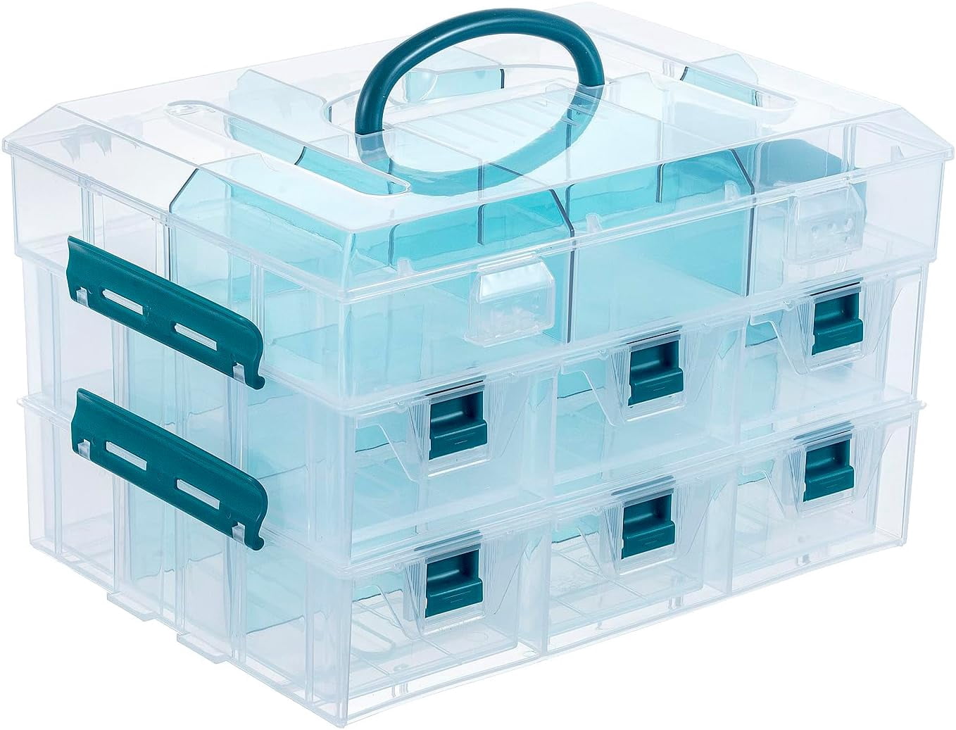 Clear Plastic Storage Box Container, Arts and Crafts Sewing Supplies Organizer Case with Black Accents, 24 Customizable Compartments, and 6 Drawers with Removable Dividers