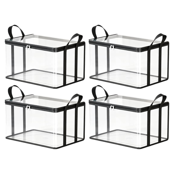 Clear Plastic Storage Box, Foldable Transparent Organizer Bin with Zipper Lid and Handles, Waterproof Dustproof PVC Storage Container for Clothes Toys Blankets Under Bed Closet Organization-M/4PCS
