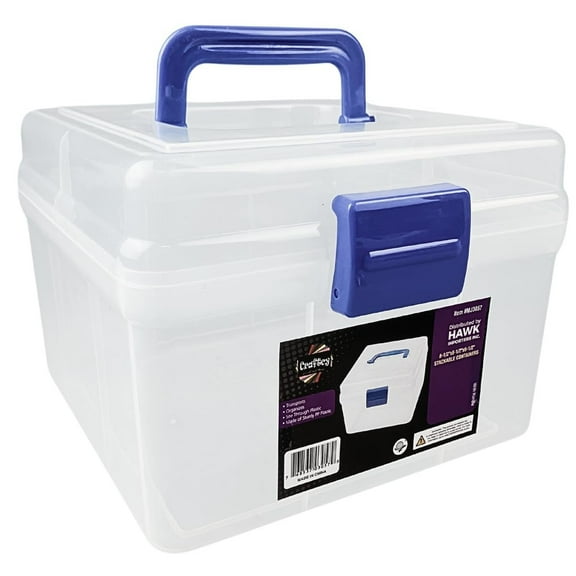 Clear Plastic Storage Box With Blue Plastic Top Handle And Latch -8.25 Inches Wide