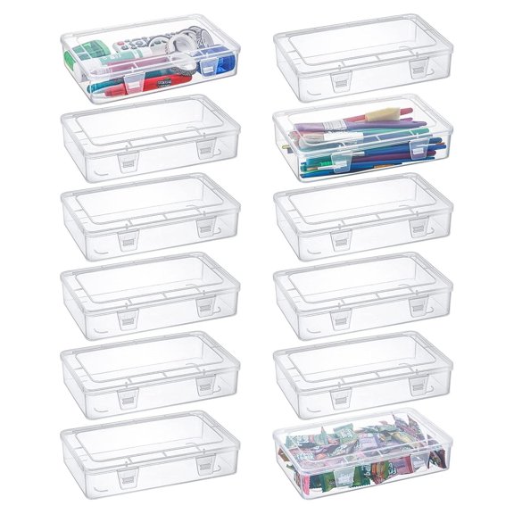 Clear Plastic Storage Containers with Lids 12 Pack 8x5x1.75 Inch Hinged Organizer Boxes for Home Office Supplies Cables Pens Parts