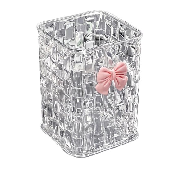 Clear Plastic Storage Cup with Woven Texture for Makeup Brushes and Desk Organization in Dorm or Vanity
