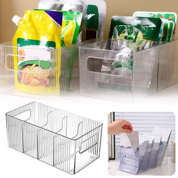 Clear Plastic Storage Organizer Bin with Dividers, 2.5L 4 Section for Packets, Seasoning, Tea, Snacks, Fridge, Pantry Cabinet & Countertop Drawer Tray