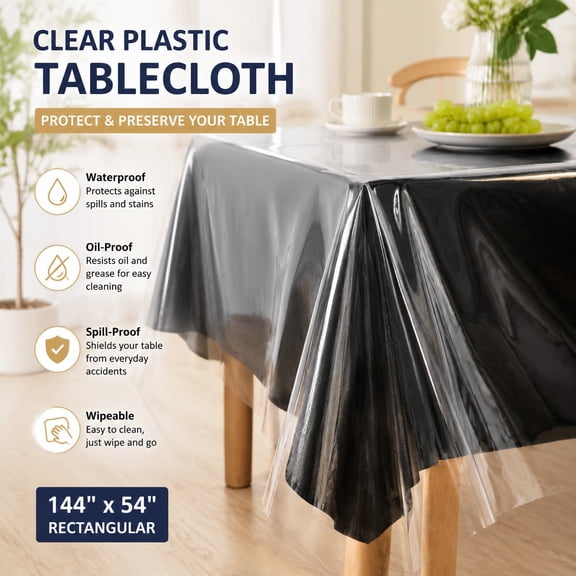 Clear Plastic Tablecloth 54 x 144 Inch, Waterproof Oil-Proof Spill-Proof Vinyl PVC Table Cover, Wipeable Rectangular Tablecloth Protector for Dining, Indoor & Outdoor Use