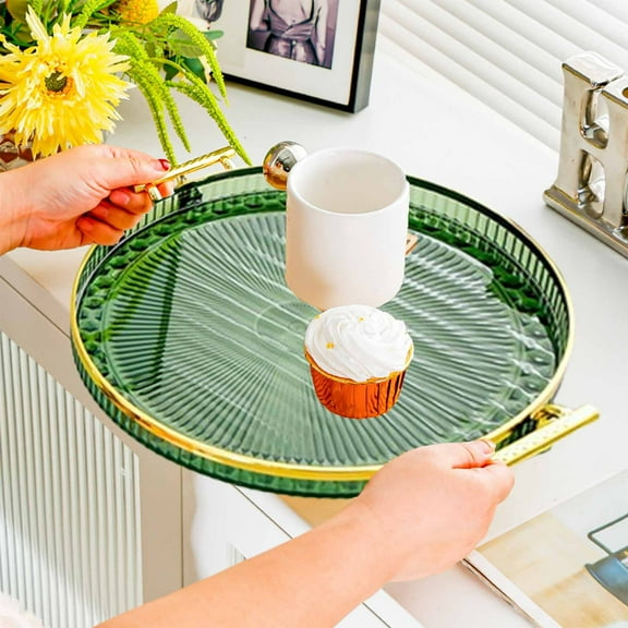 Clear Plastic Teacup Storage Tray with Built-in Handles, Multipurpose Serving Platter Organizer for Living Room Coffee Cup Snack Vanity Countertop