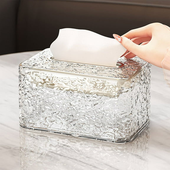 Clear Plastic Tissue Box Dispenser with Embossed Pattern | Modern Desktop & Tabletop Roll Paper Holder | 1-Pull Bottom Design for Home Office Living Room