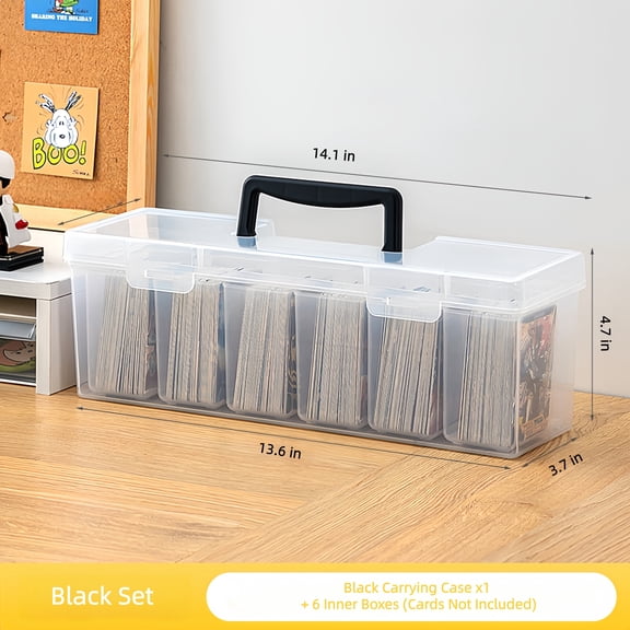 Clear Plastic Trading Card Storage Box with Handle for Game Cards, 6 Compartments, 2L,