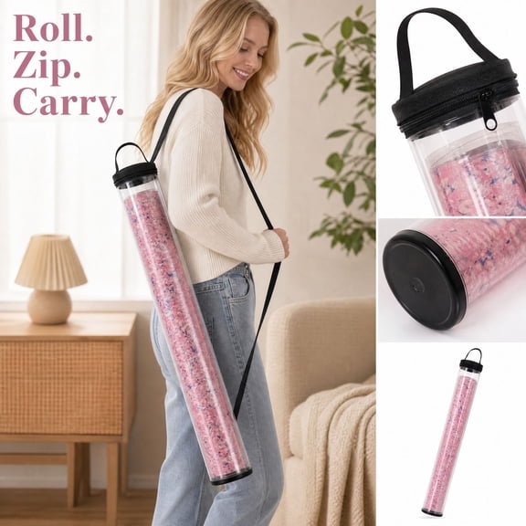 Clear Plastic Tube Storage for Rolled Mats with Zipper and Hanging Handle, Black, for Mahjong Mat