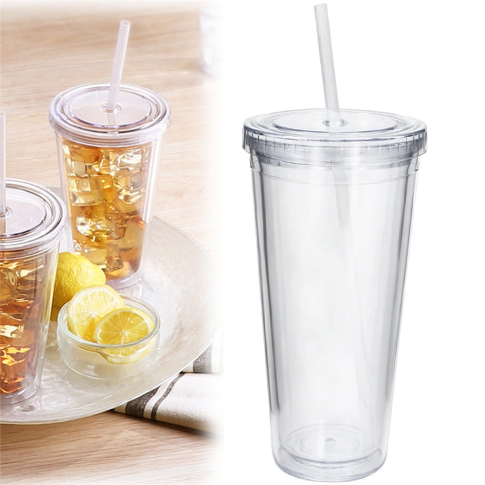 Clear Plastic Tumbler with Straw and Lid,24oz Double Acrylic Tumbler