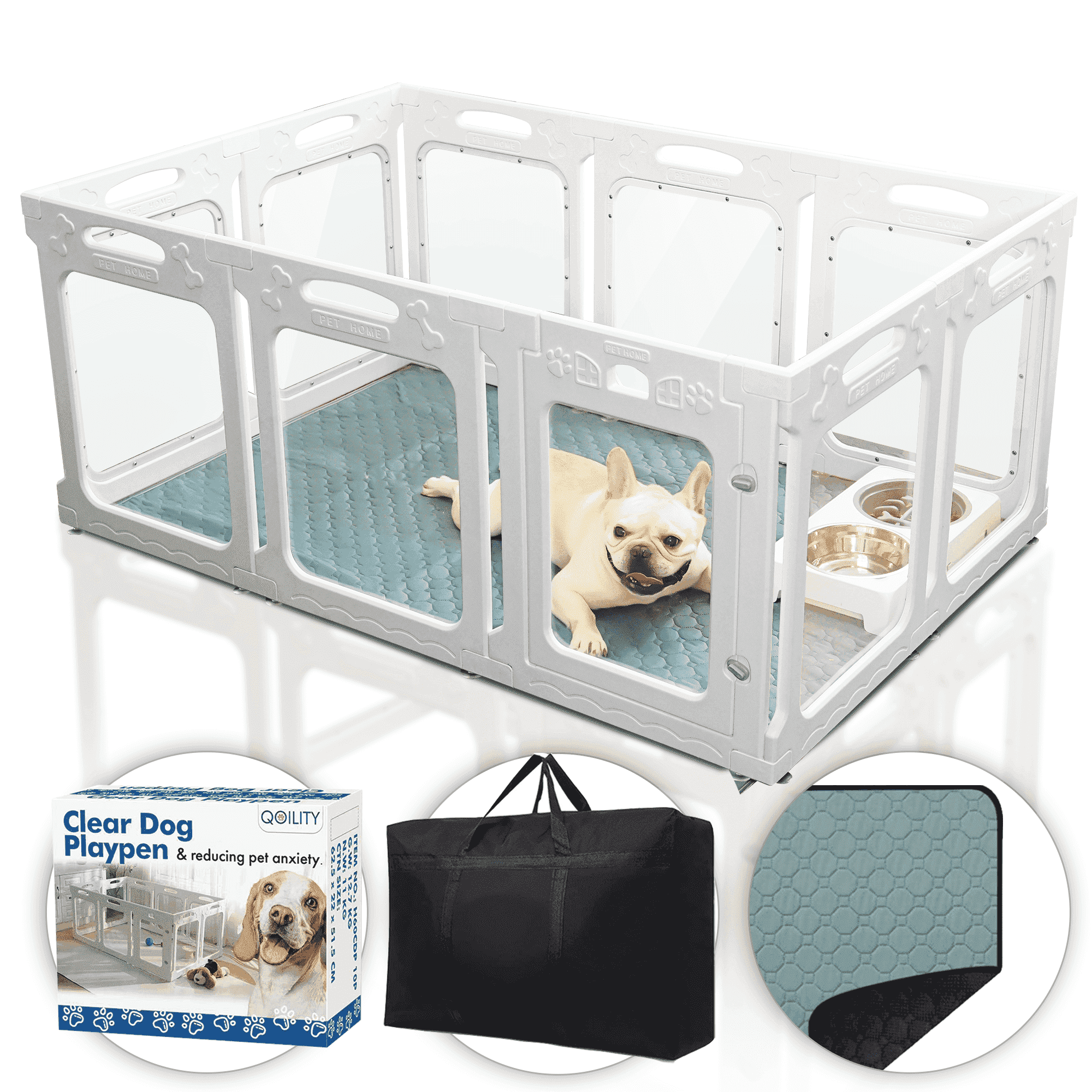 Qoility Clear Dog Playpen with Door - Height 24 Inch, 10 Panels - Reduces Indoor Puppy/Small Dog Anxiety, White
