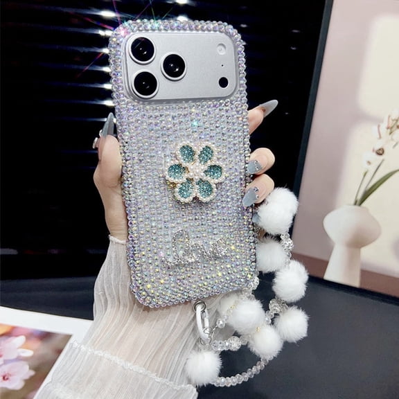 Full Diamond Flower Phone Case with Bracelet for iPhone 17 Pro Max, Sparkle Rhinestone Luxury Protective Cover, Clear