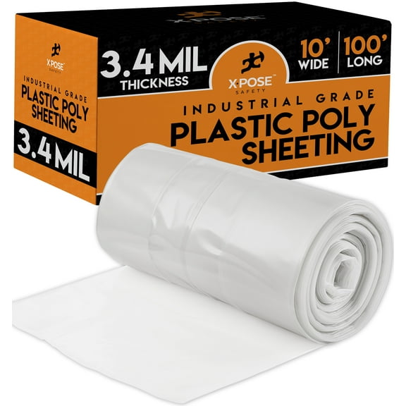 Clear Poly Sheeting - 10x100 Feet – Heavy Duty, 3.4 Mil Thick Plastic Tarp Waterproof Vapor and Dust Protective Equipment Cover - Agricultural, Construction and Industrial Use - by Xpose Safety