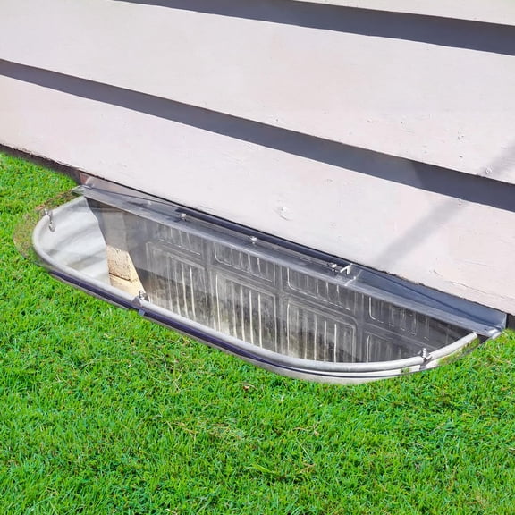 Clear Polycarbonate Window Well Cover Sloped Elongated (44" W x 14" L) – Heavy Duty Basement Window Well Covers Outside Protection from Debris, UV-Resistant with Rust-Free Aluminum Bracing