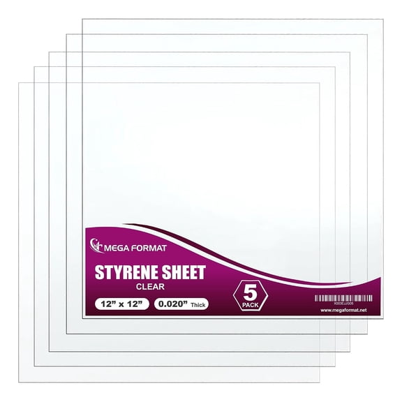 Clear Polystyrene Flexible Plastic Board Sheet 12" x 12" (.020 Thick) Styrene Sheet, Ideal for Modeling Projects, Displays, Plastic Sheets for Crafts, Styrene Sheets Durable Plastic Sheet (5-Pack)