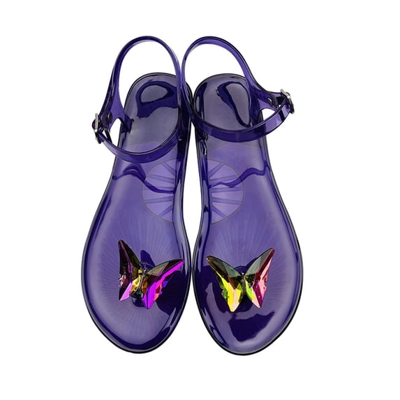 Clear Pool Sandals, Women's Butterfly Jelly Sandals,Ankle Strap Flat Shoes, Transparent Summer Flats With Rhinestone Butterfly Decoration, Waterproof Beach & Pool Footwear, Purple 6.5