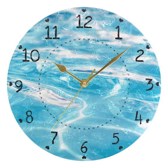 Clear Pool Water Round Wall Clock Silent Analog Battery Operated Gold Pointer Home Decor 9.84" Diameter