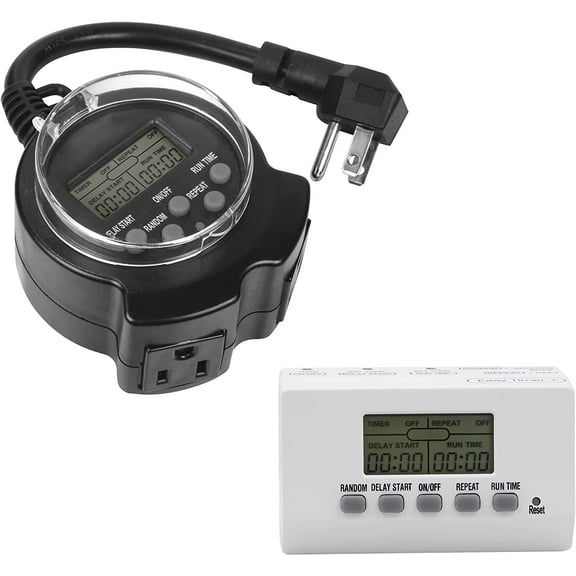 Clear Power 1 Grounded Outlet EZ Digital Timer with 2 Grounded Outlet Outdoor 24 Hour EZ Digital Programmable Timer with 6 inch cord, Black & White CPCO95003