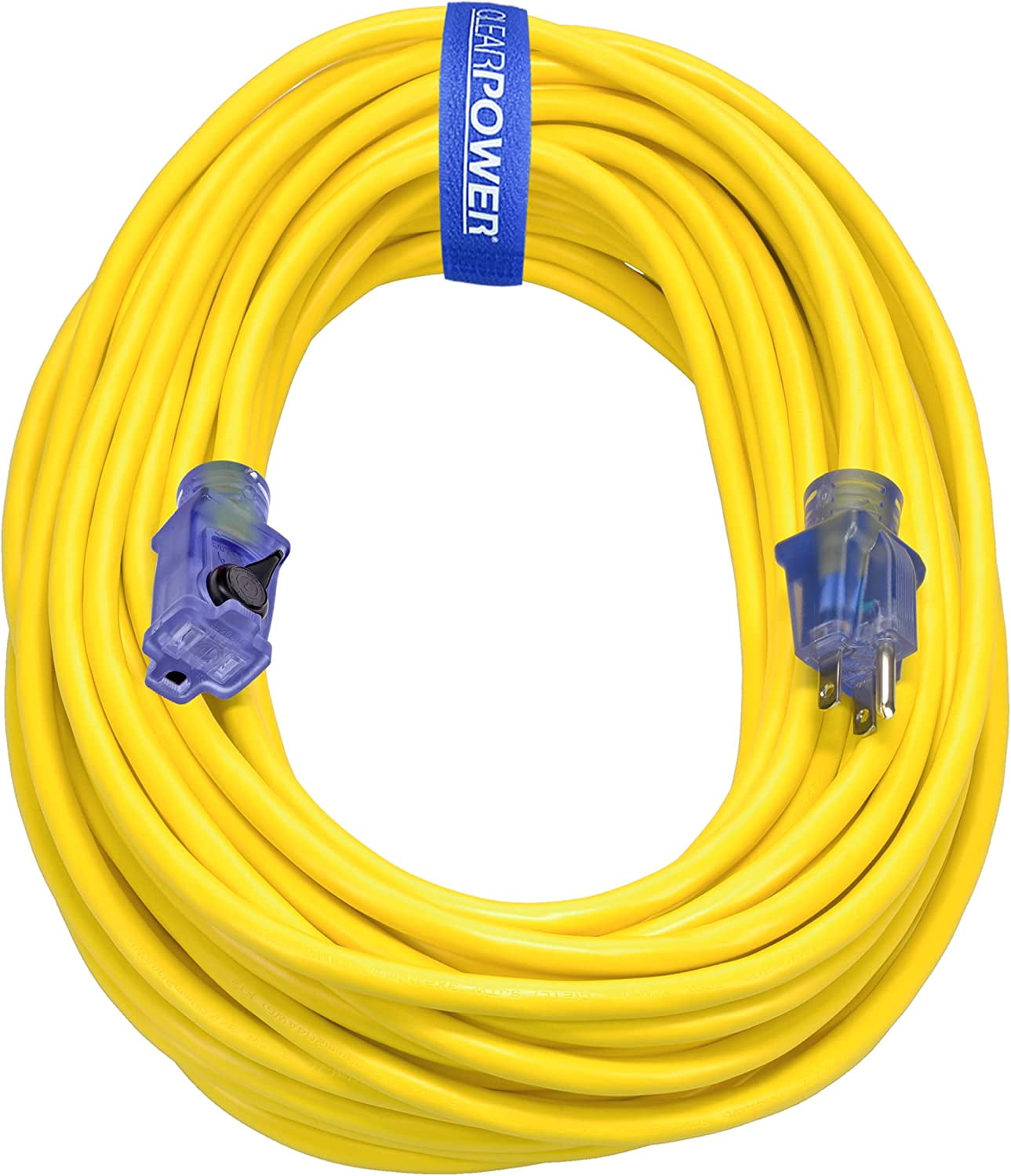 Clear Power 100 ft 14/3 SJTW Heavy Duty Outdoor Extension Cord with Lighted Locking Connector, Yellow, Water, Weather \u0026 Kink Resistant, Flame Retardant, 3 Prong Grounded Plug, CP10131