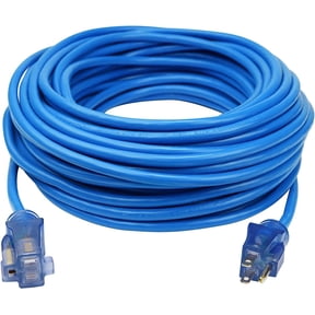 Clear Power 100 ft Extreme Cold Weather Outdoor Extension Cord, Lighted End, 16/3 SJTW, Works Down to -50°C, Power Indicator Light, 3-Prong Grounded Plug, Blue