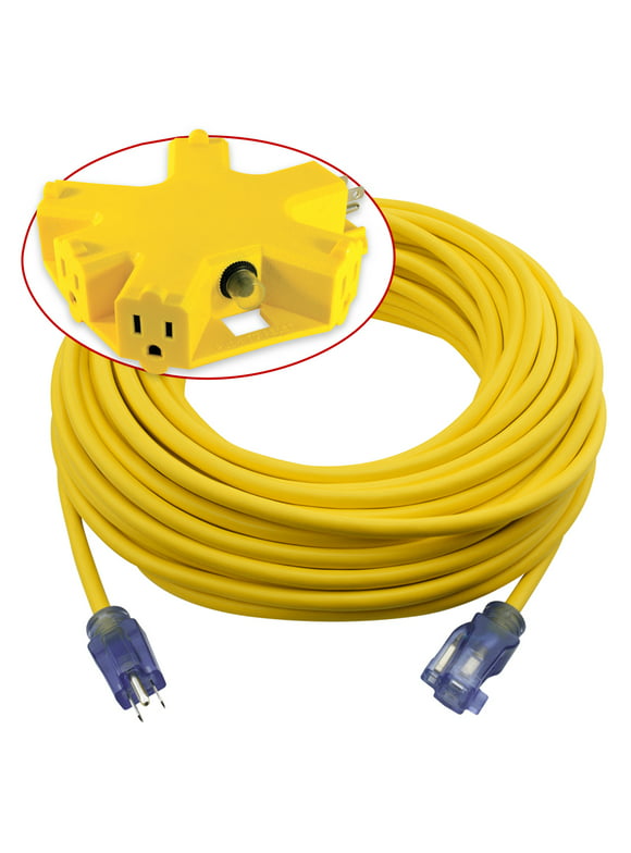 Clear Power 12/3 SJTOW 100 ft Outdoor Extension Cord with 5 Outlet Adapter Combo, Heavy Duty Contractor Grade, Yellow, CPCO90001