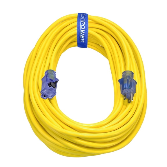 Clear Power 14/3 SJTW 100 ft Outdoor Extension Cord with Lighted Locking Connector, Weather Resistant and Flame Retardant, Yellow CP10131