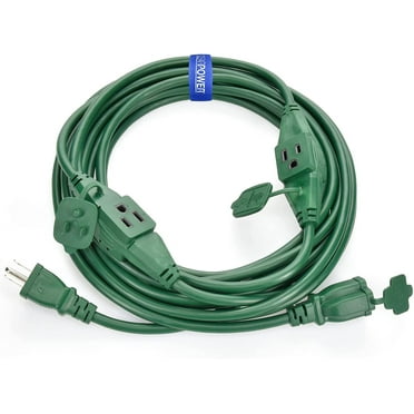 Clear Power 16/3 SJTW 25ft Outdoor Extension Cord with 3 Inline Outlets & Outlet Covers, Green CP10225