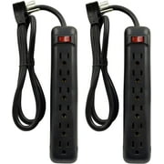 Clear Power 2-Pack 6 Outlet Power Strip, 3 ft Power Cord, Low-Profile Flat Plug, 3-Prong Grounded, Black, 15 Amp Circuit Breaker