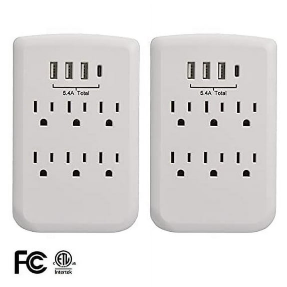 Clear Power (2-Pack) 6-Outlet Wall-Tap with 3-Port USB-A & 1 Port USB-C, CP30007X2