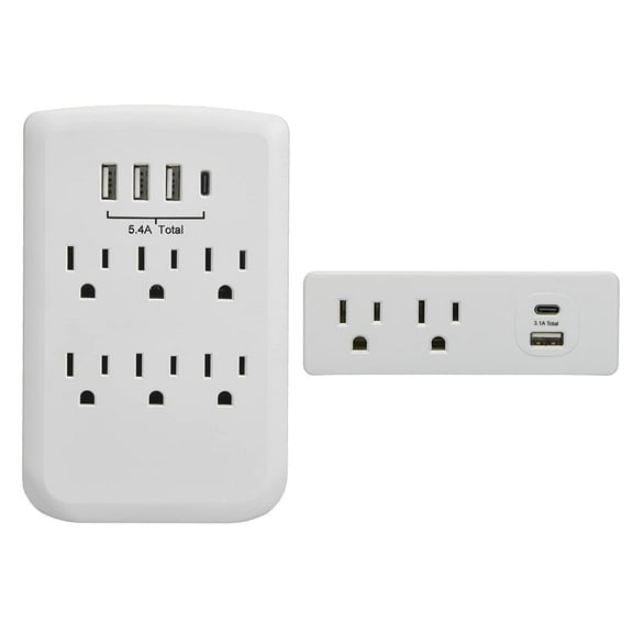 Clear Power Combo: 2-Outlet Travel Tap with USB-A & USB-C Port Charger & 6-Outlet Wall-Tap with 3 USB-A & 1 USB-C Port Chargers White, CP30008