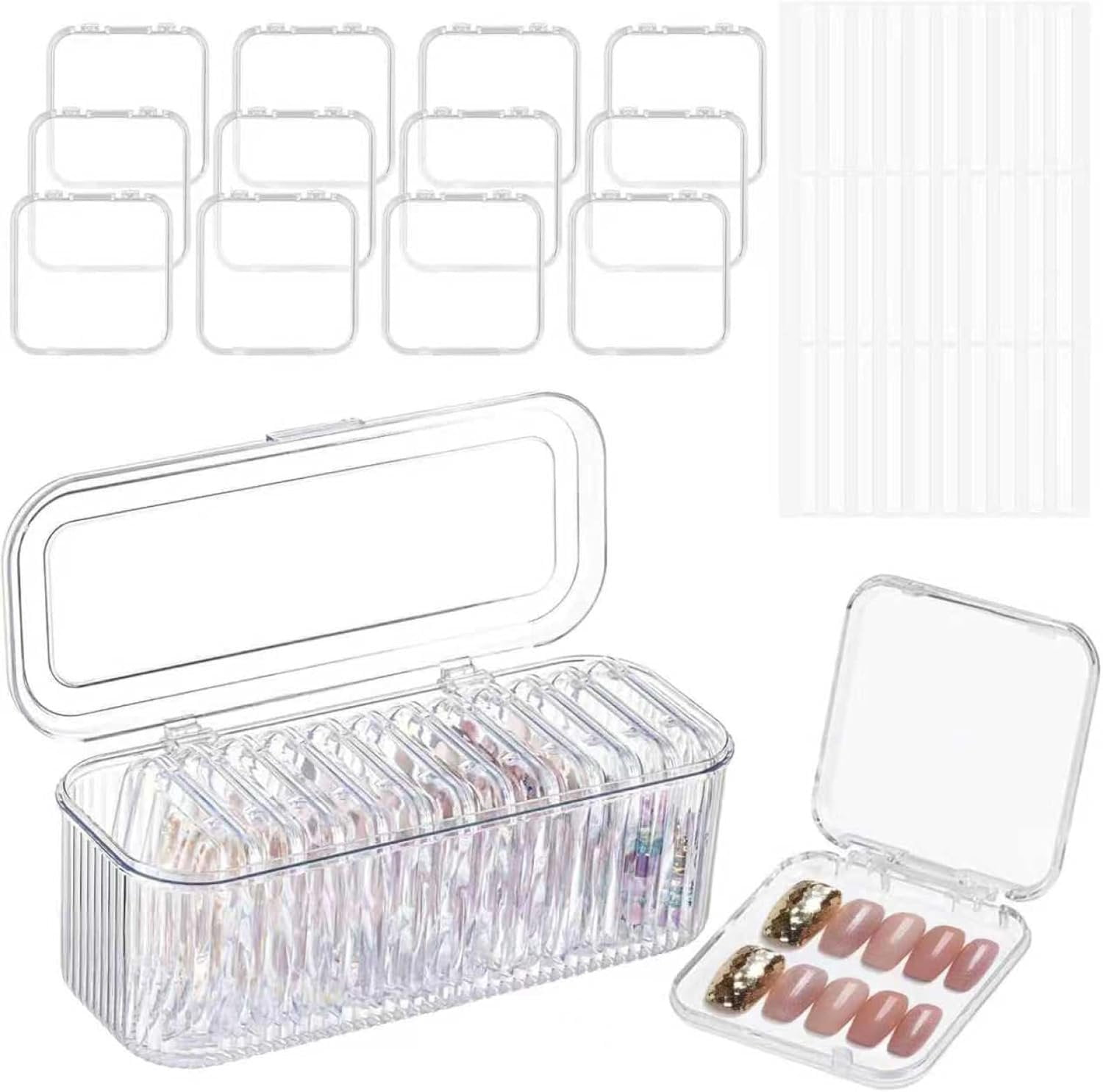 Clear Press   Storage Containers 12-Pack Stackable Cases, Press Ons  Packaging Organizer Case,  Tips and  Nails Display Box for Travel and Salon Use (Clear 01)