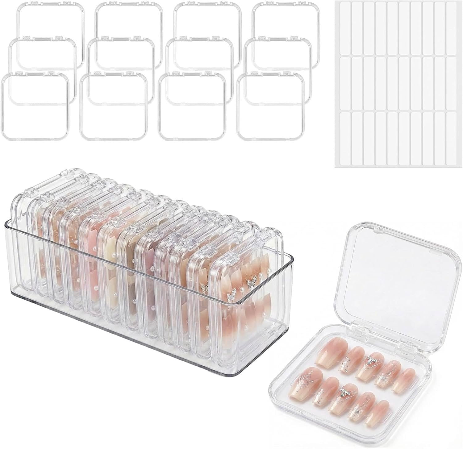 Clear Press   Storage Containers 12-Pack Stackable Cases, Press Ons  Packaging Organizer Case,  Tips and  Nails Display Box for Travel and Salon Use (Clear 06)