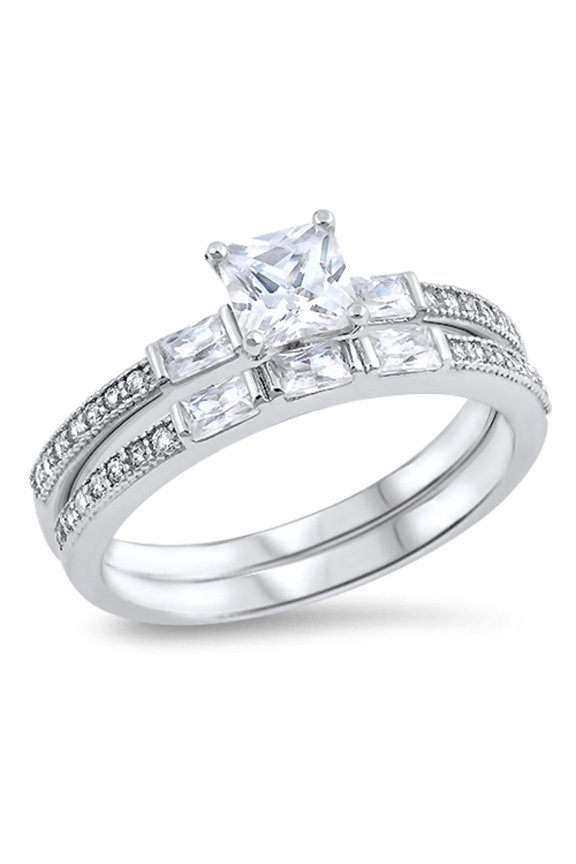 Clear Princess Cut Cubic Zirconia Center Designer Wedding Set Ring Sterling Silver