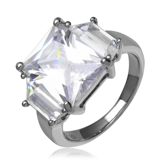 Clear Princess Cut Cubic Zirconia Three Stones Ring Rhodium Plated Sterling Silver Size 6