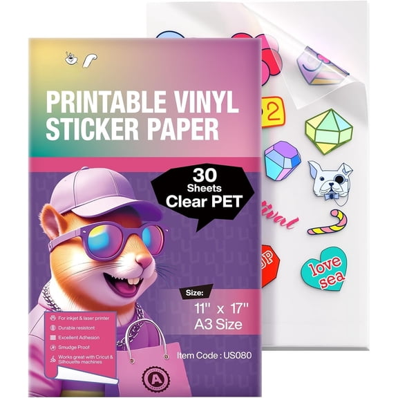 Clear Printable Vinyl Sticker Paper 30 Sheets 11"x17" |  Colors, Self-Adhesive Labels for Professional Product Packaging, Glass Jars & Custom DIY Sticker