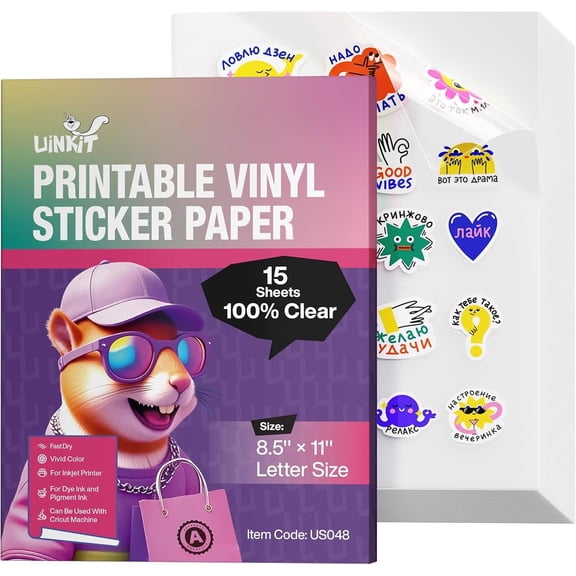 Clear Printable Vinyl Sticker Paper Letter Size 8.5"x11" |  Colors, Self-Adhesive 15 Sheets Labels for Product Packaging, Glass Jars & Custom DIY Sticker