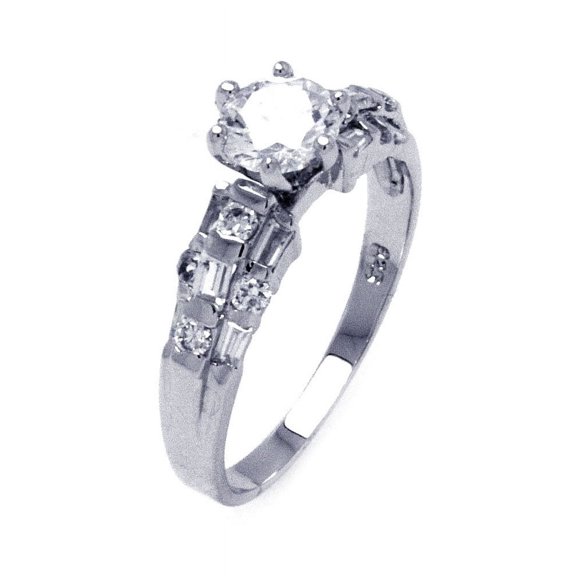 Clear Prong Set Cubic Zirconia Bar Set Designer Sides Ring Rhodium Plated Sterling Silver Size 5